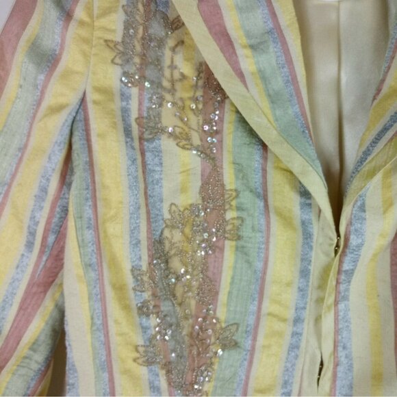 Vintage Silk Blazer Womens 4 Pastel Floral Stripe Sequin Art to Wear Glam 90s - Picture 2 of 9